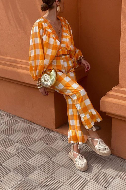 Nonnadress Plaid pleated embroidery V-neck waist suit