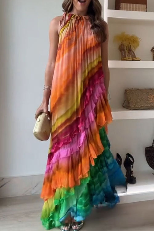 Nonnadress Rainbow Halter Neck Positioning Print Chiffon Dress