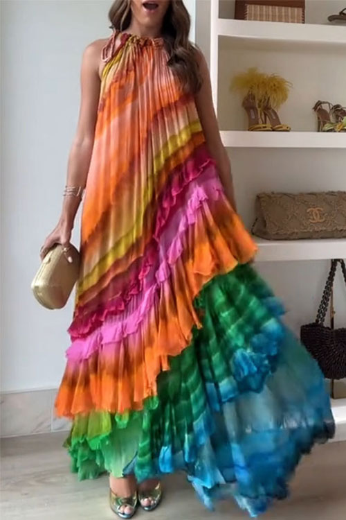 Nonnadress Rainbow Halter Neck Positioning Print Chiffon Dress