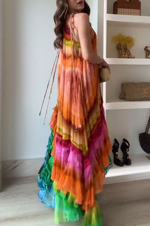 Nonnadress Rainbow Halter Neck Positioning Print Chiffon Dress