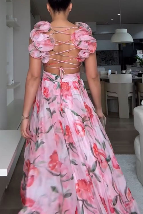 Nonnadress Pink and purple chiffon ruffle print dress