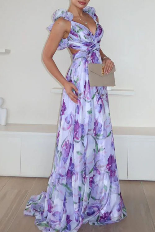 Nonnadress Pink and purple chiffon ruffle print dress