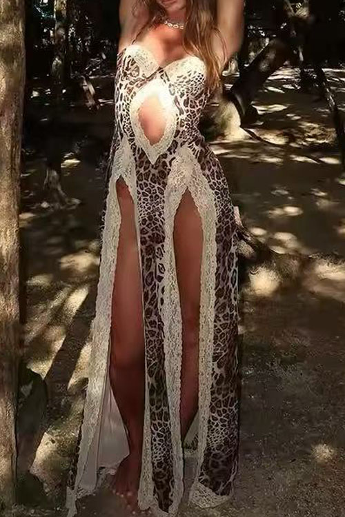 Nonnadress Leopard print suspender lace patchwork slit dress