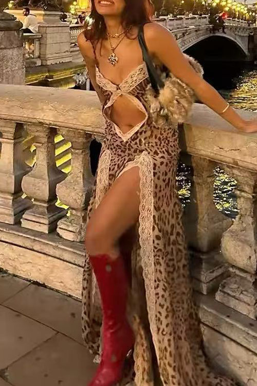 Nonnadress Leopard print suspender lace patchwork slit dress