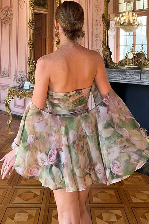 Nonnadress Chiffon Printed Ruffle Cape Wrap-around A-line Dress