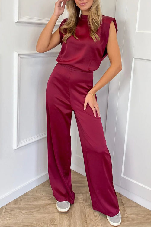 Nonnadress Stand collar sleeveless loose satin open back wide leg jumpsuit
