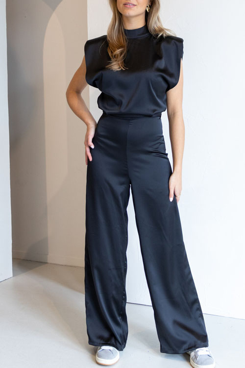 Nonnadress Stand collar sleeveless loose satin open back wide leg jumpsuit