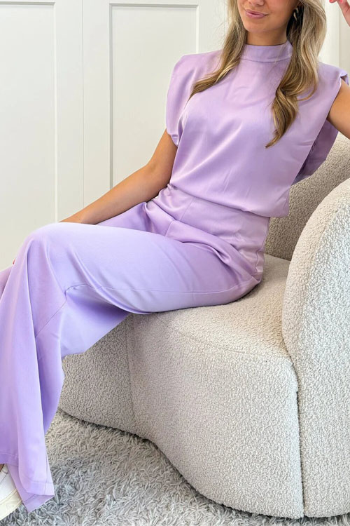 Nonnadress Stand collar sleeveless loose satin open back wide leg jumpsuit