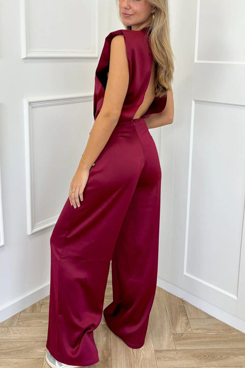 Nonnadress Stand collar sleeveless loose satin open back wide leg jumpsuit