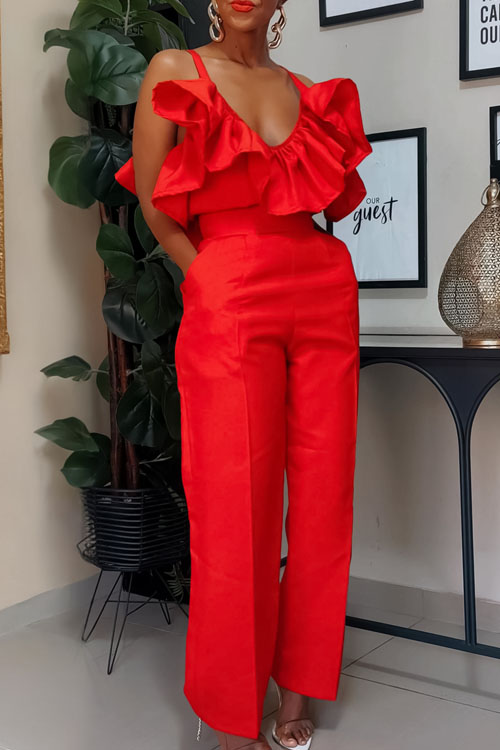 Nonnadress V-neck ruffled camisole top and high waist trousers se