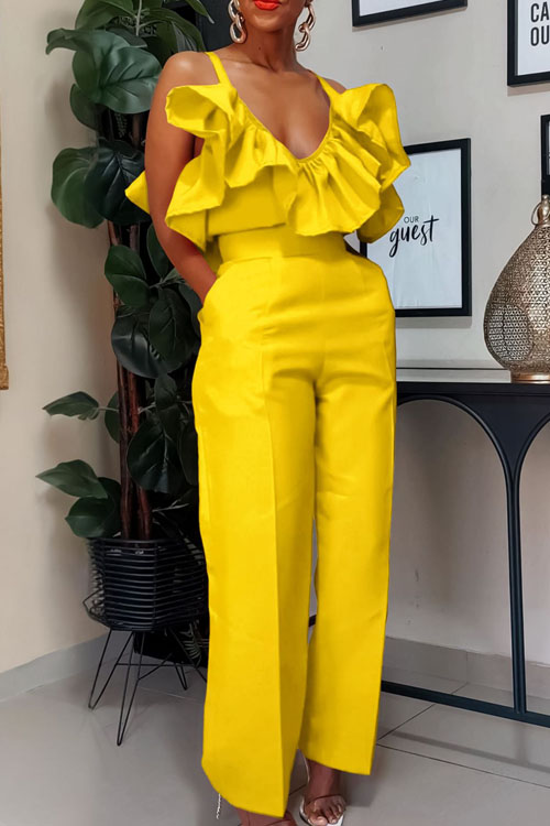 Nonnadress V-neck ruffled camisole top and high waist trousers se