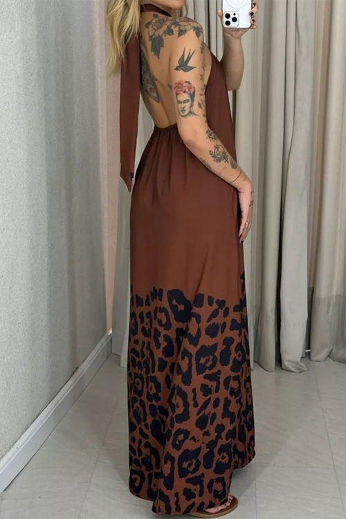 Nonnadress  Back Leopard Print Halter Neck Maxi Dress