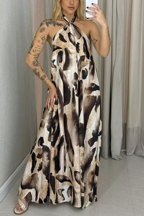 Nonnadress  Back Leopard Print Halter Neck Maxi Dress