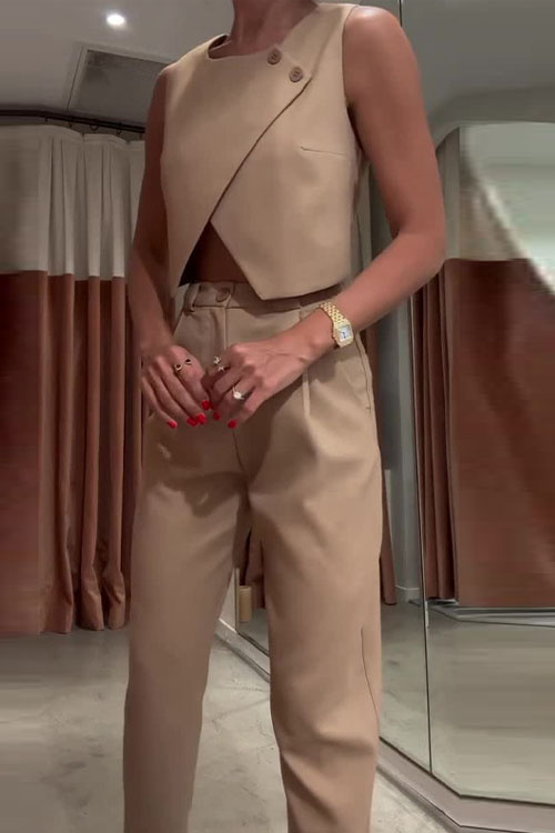 Nonnadress Round Neck Button-Up Top & Straight Pants Two-Piece Set