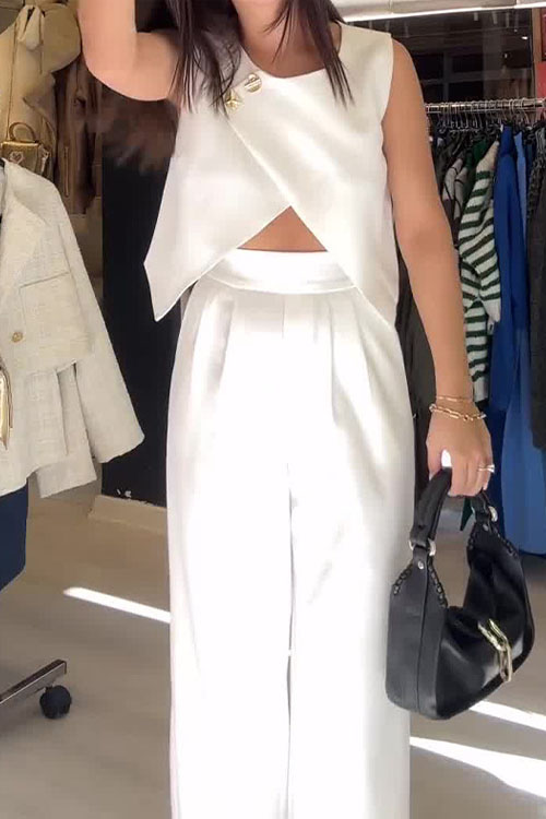 Nonnadress Round Neck Button-Up Top & Straight Pants Two-Piece Set