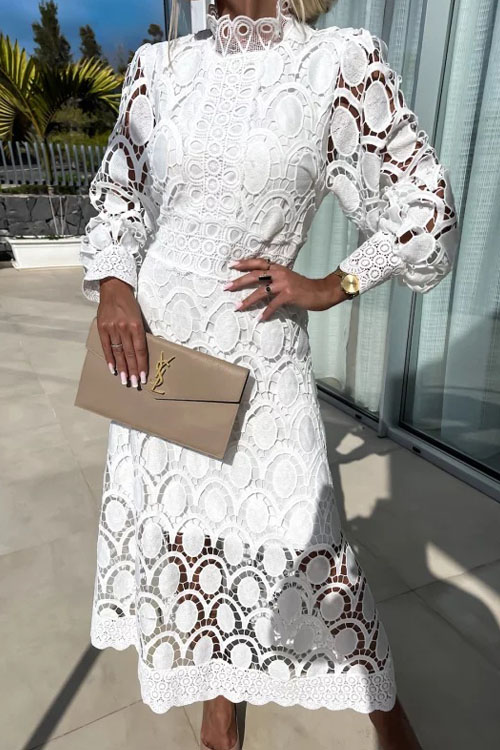 Nonnadress French Lace Stand Collar Bubble Sleeve Dress