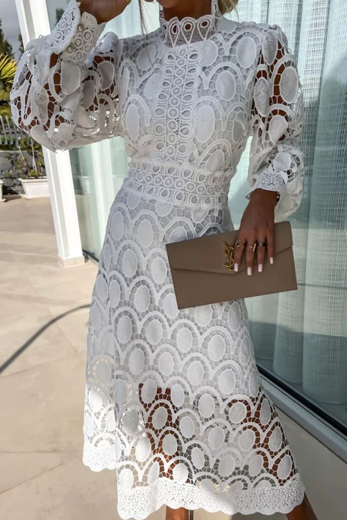 Nonnadress French Lace Stand Collar Bubble Sleeve Dress