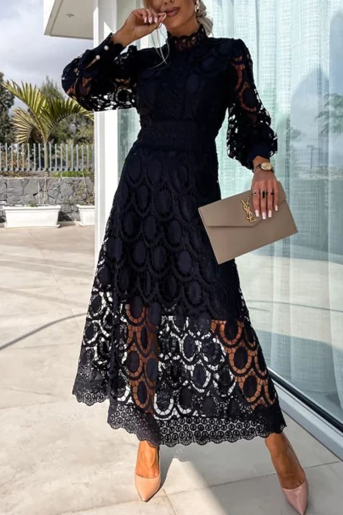 Nonnadress French Lace Stand Collar Bubble Sleeve Dress