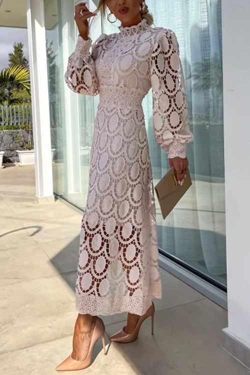 Nonnadress French Lace Stand Collar Bubble Sleeve Dress