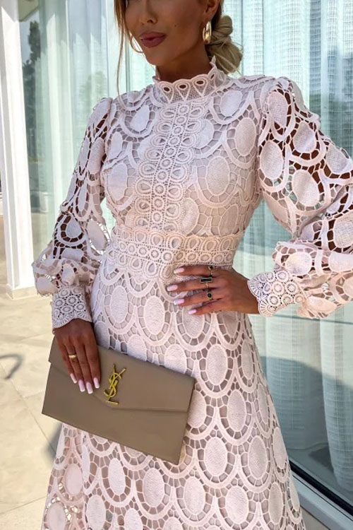 Nonnadress French Lace Stand Collar Bubble Sleeve Dress