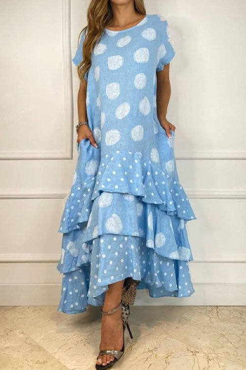 kathiadress large size Short sleeved round neck polka dot large hem long dress