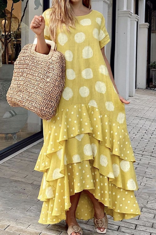 kathiadress large size Short sleeved round neck polka dot large hem long dress