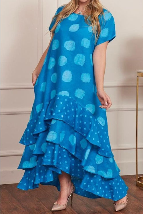 kathiadress large size Short sleeved round neck polka dot large hem long dress