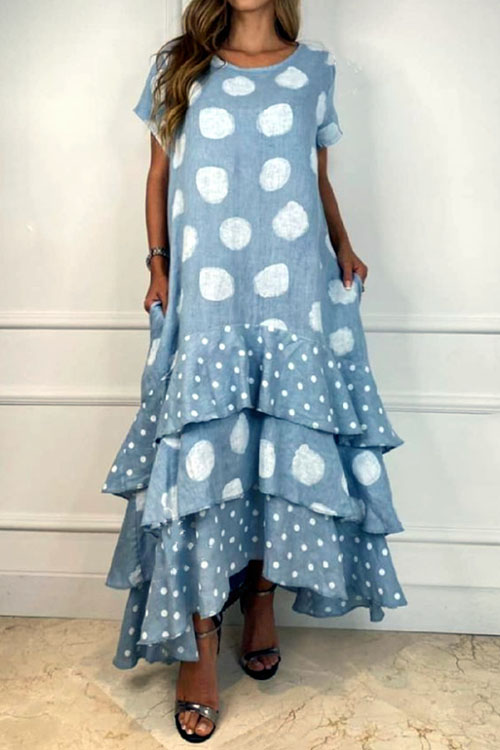 kathiadress large size Short sleeved round neck polka dot large hem long dress