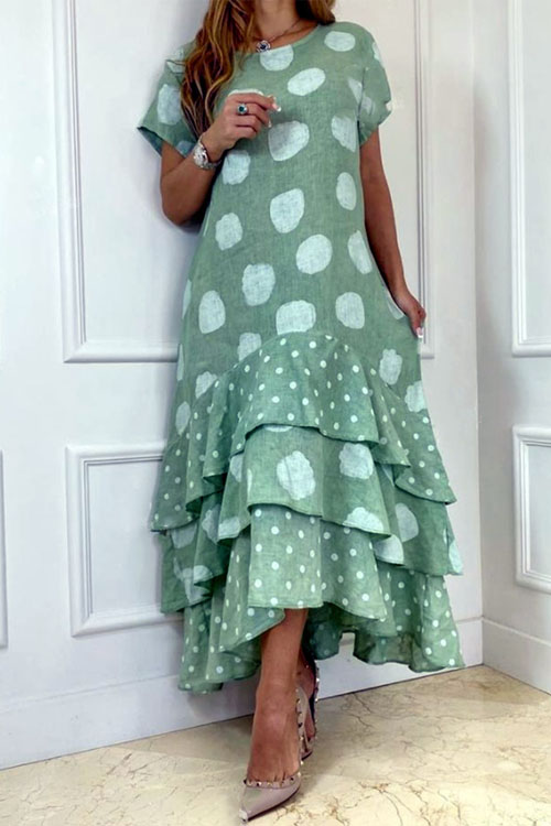 kathiadress large size Short sleeved round neck polka dot large hem long dress