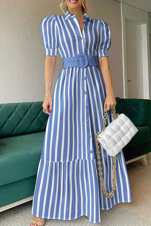 Nonnadress Striped Short Sleeve Belted Swing Dress