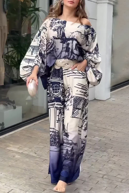 Nonnadress Long Sleeve Batwing Top & Belted Wide Leg Pants Two-piece Set