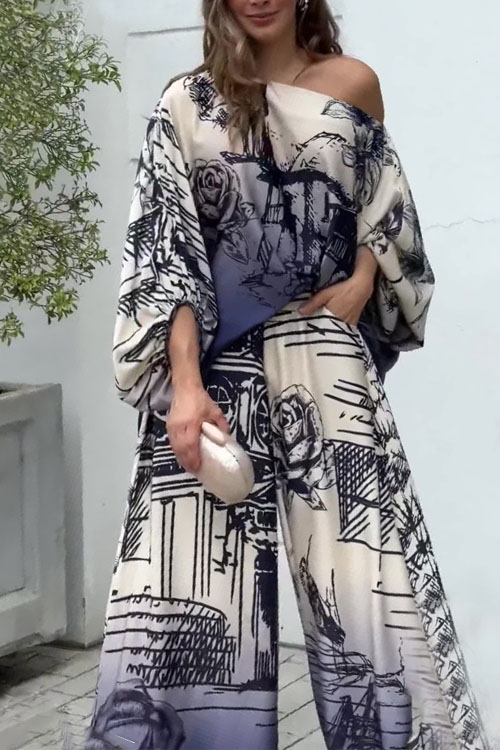 Nonnadress Long Sleeve Batwing Top & Belted Wide Leg Pants Two-piece Set