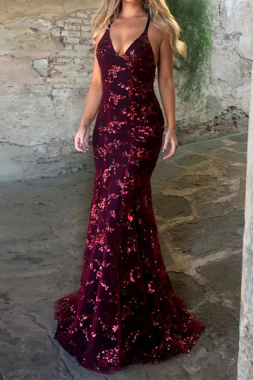 Halter V-neck backless sequin lace up dress