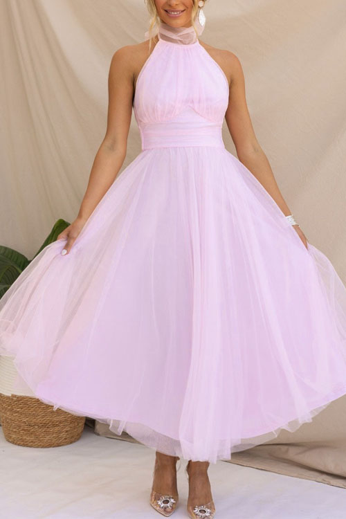 Nonnadress Halter Mesh High Neck Vacation Style Dress