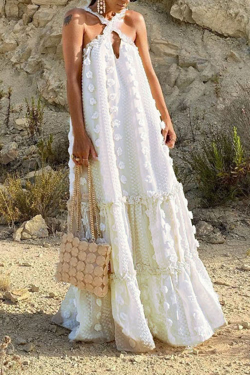 Hanging neck three-dimensional flower cake dress