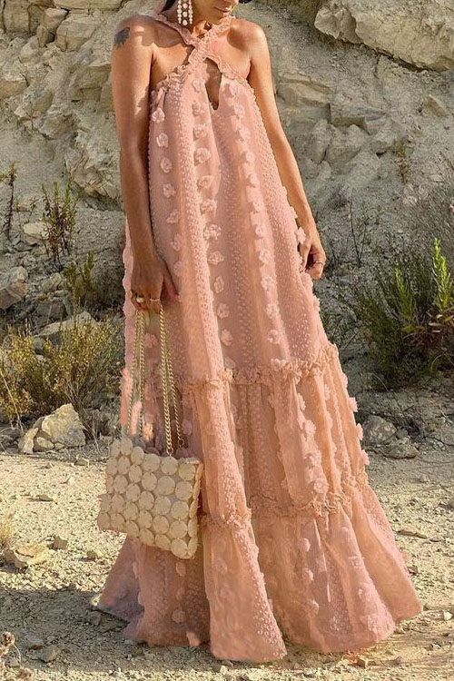 Hanging neck three-dimensional flower cake dress