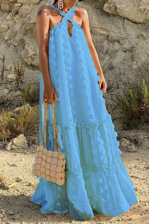 Hanging neck three-dimensional flower cake dress