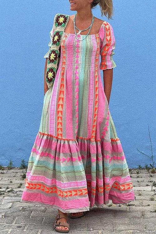 Nonnadress Bohemian Pleated Patchwork Square Neck Dress