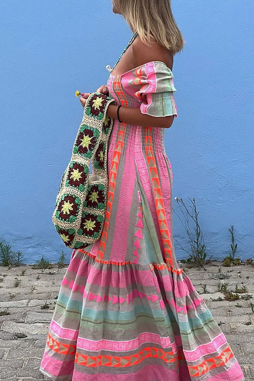 Nonnadress Bohemian Pleated Patchwork Square Neck Dress