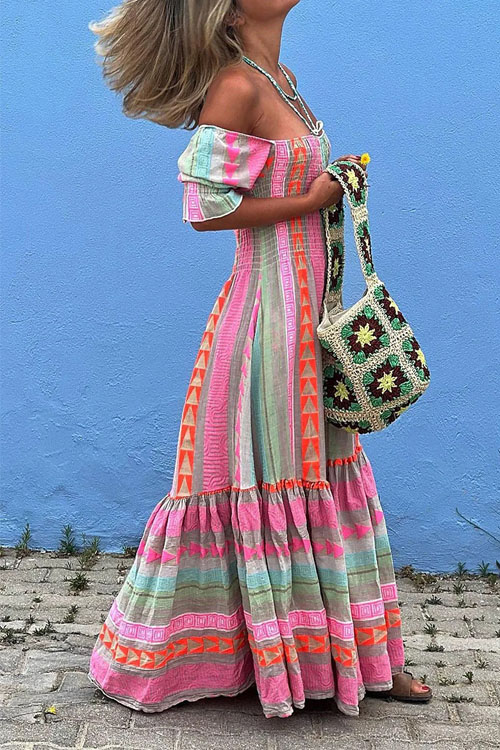 Nonnadress Bohemian Pleated Patchwork Square Neck Dress