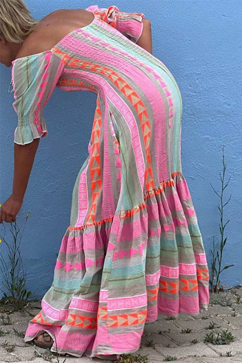 Nonnadress Bohemian Pleated Patchwork Square Neck Dress