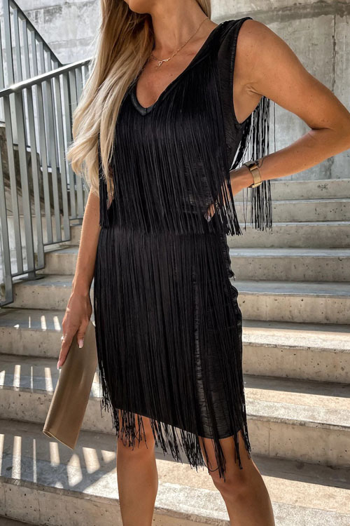 Slim V-neck Fringe Wrap Hip Dress