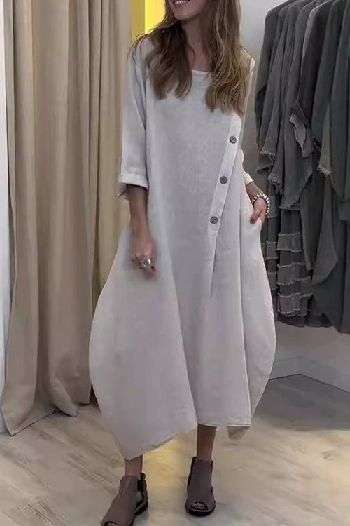 Nonnadress Large Size Loose Casual Round Neck Solid Color Cotton Linen Dress
