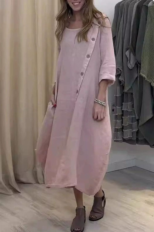 Nonnadress Large Size Loose Casual Round Neck Solid Color Cotton Linen Dress