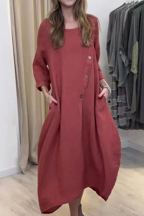 Nonnadress Large Size Loose Casual Round Neck Solid Color Cotton Linen Dress