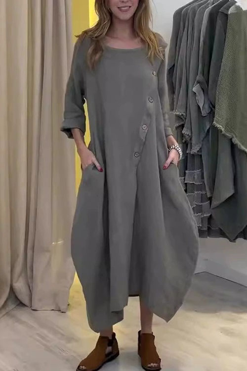 Nonnadress Large Size Loose Casual Round Neck Solid Color Cotton Linen Dress