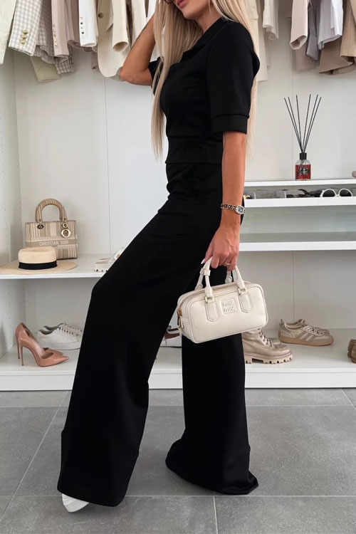 Nonnadress Solid Color Lapel Short Sleeve Top Elastic Wide Leg Pants Casual Set