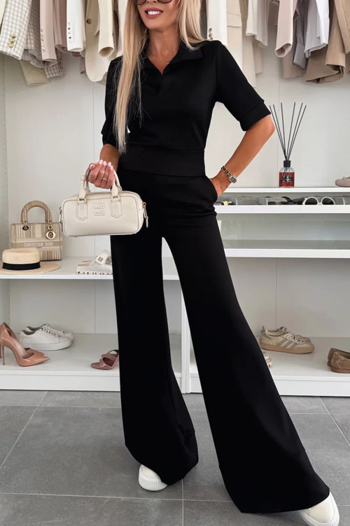 Nonnadress Solid Color Lapel Short Sleeve Top Elastic Wide Leg Pants Casual Set