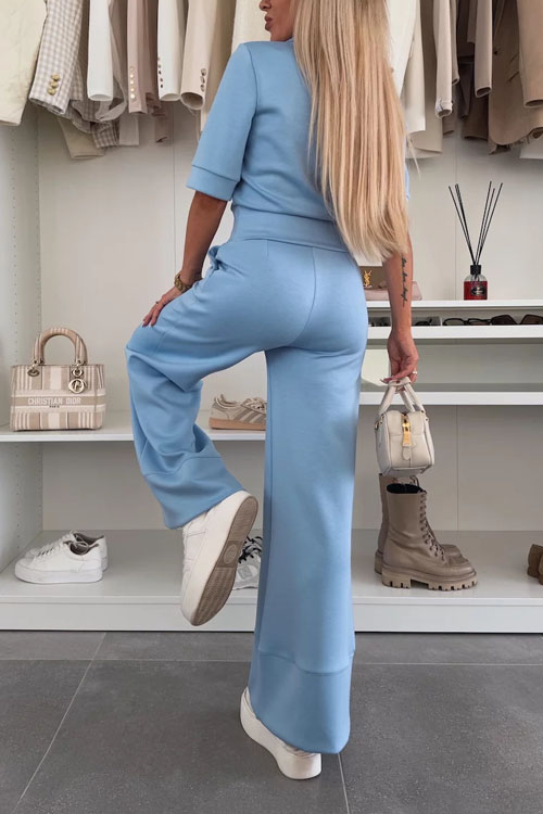 Nonnadress Solid Color Lapel Short Sleeve Top Elastic Wide Leg Pants Casual Set