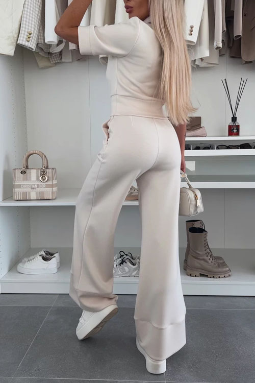 Nonnadress Solid Color Lapel Short Sleeve Top Elastic Wide Leg Pants Casual Set